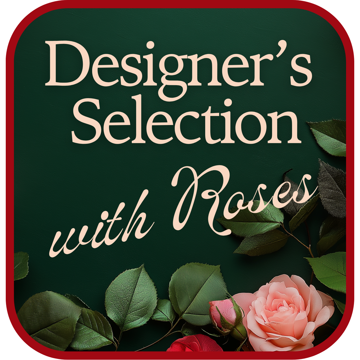 Designer’s Choice with Roses in Glass Vase